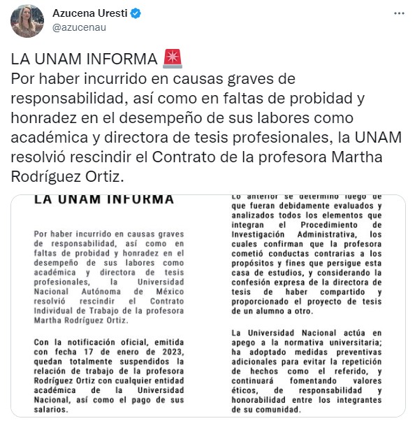 UNAM despide a asesora de tesis de Yasmín Esquivel