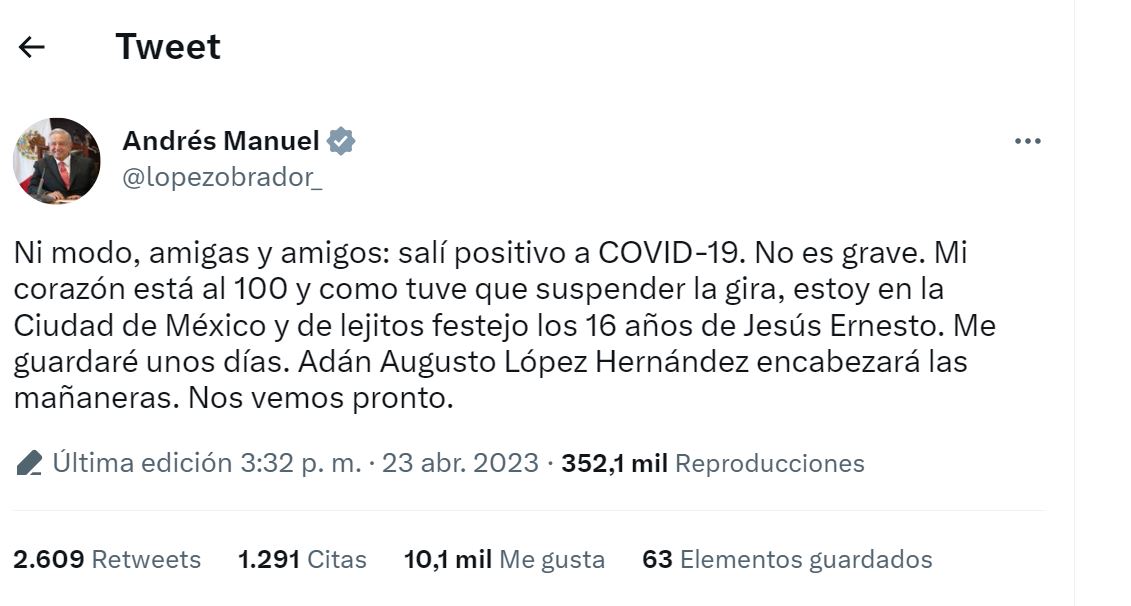 AMLO da positivo a COVID-19 por tercera vez