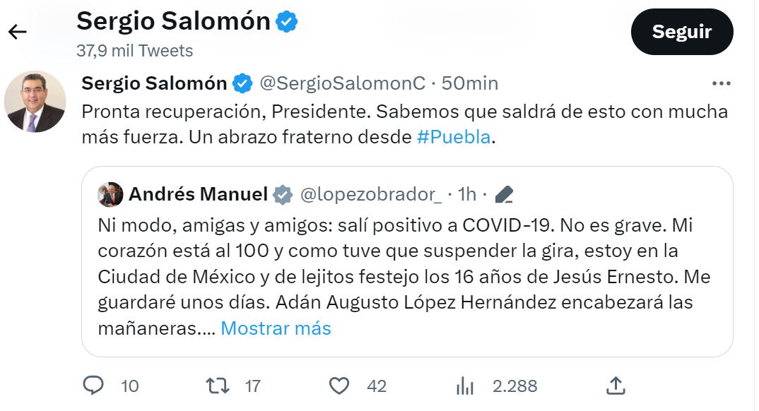 Sergio Salomón desea pronta recuperación a AMLO