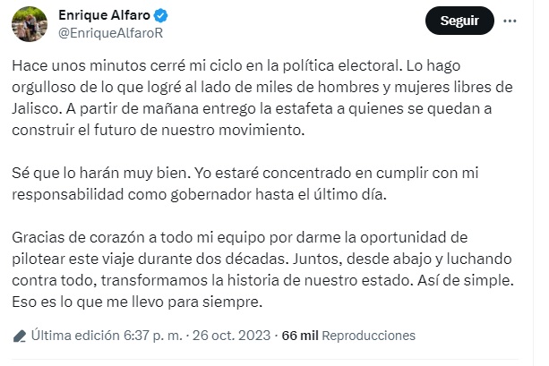 Alfaro anuncia su retiro en redes