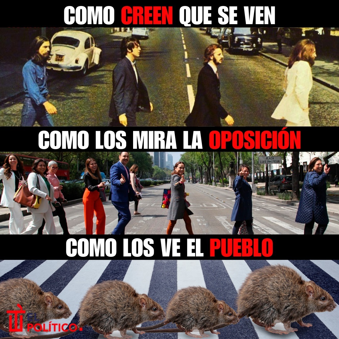 meme sobre foto de Xóchitl Gálvez copiando The Beatles