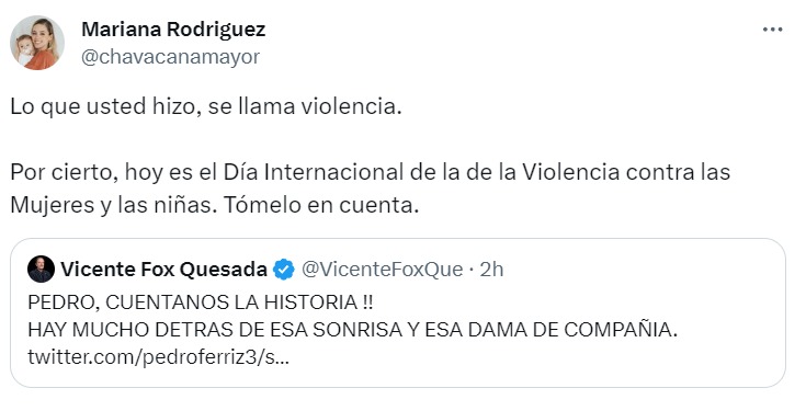 Mariana Rodríguez le recuerda a Fox que la violentó en el Día Internacional de la Eliminación de la Violencia contra las mujeres