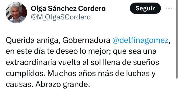 Olga Sánchez Cordero felicita a Delfina Gómez