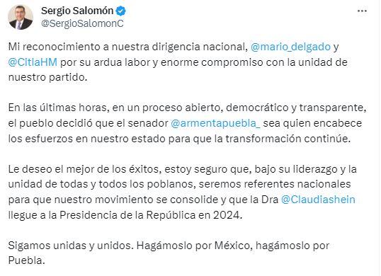 Sergio Salomón felicita a Armenta