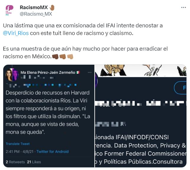 Tuit racista de María Elena Pérez