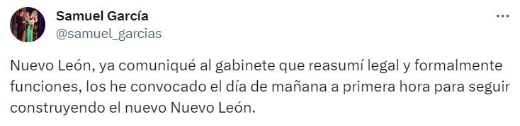 Samuel García confirma que regresa como gobernador de NL