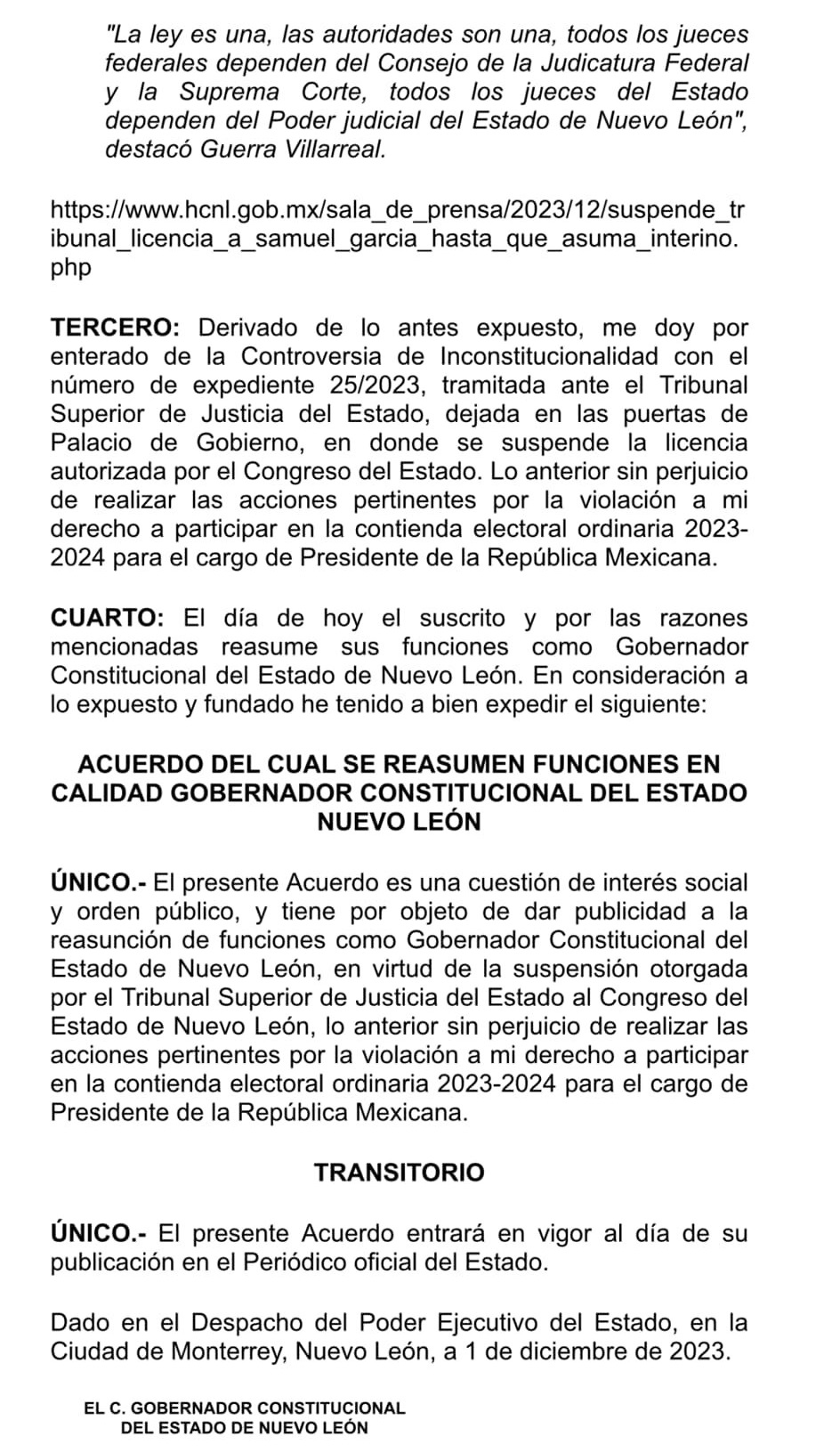 Mensaje de Samuel García regreso gobernador de NL