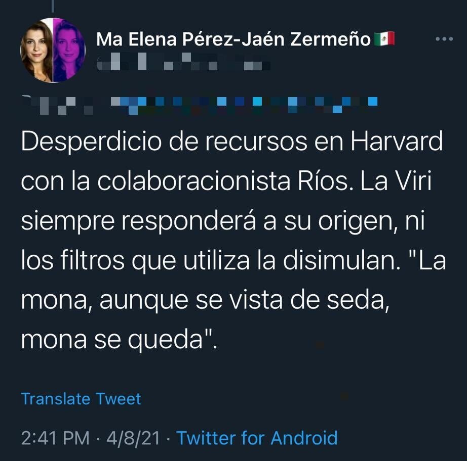Tuit María Elena Pérez contra Viridiana Ríos