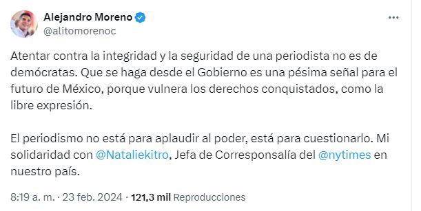 Alito Moreno defiende a periodista en redes