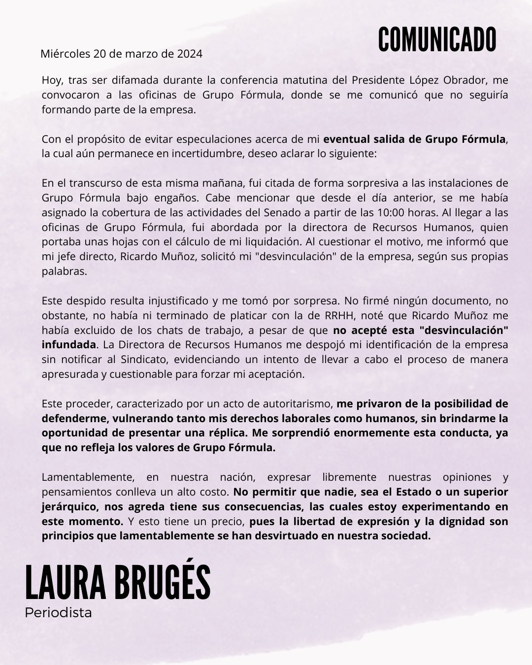 Comunicado de Laura Brugés