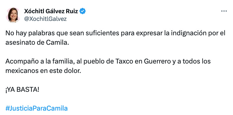 Xóchitl Gálvez se cuelga del asesinato de Camila en Taxco