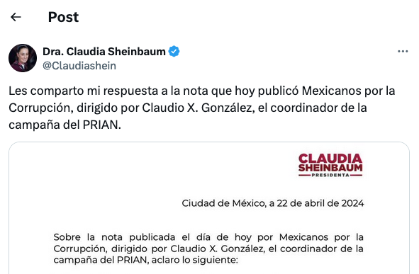 Claudia Sheinbaum responde a Claudio X. González