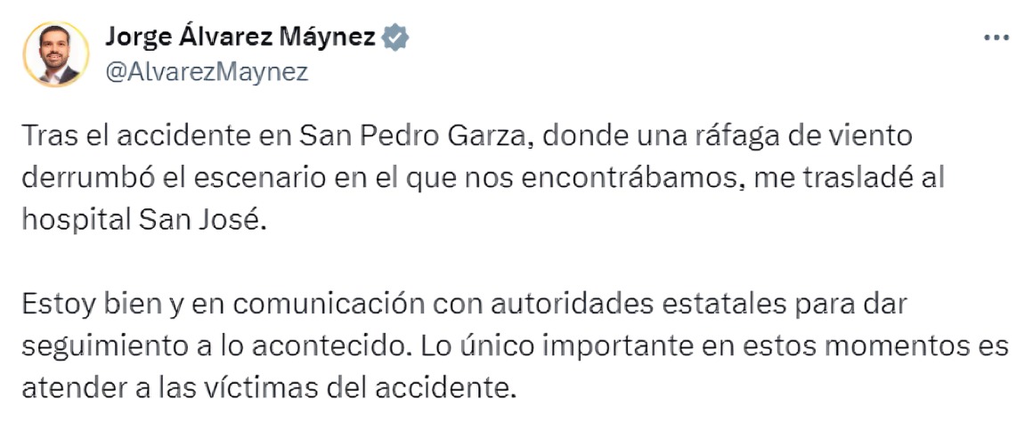 ¿cómo está Máynez tras caída de templete en San Pedro Garza?