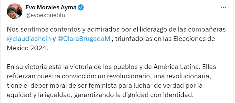 Felicitación a Sheinbaum de Evo Morales