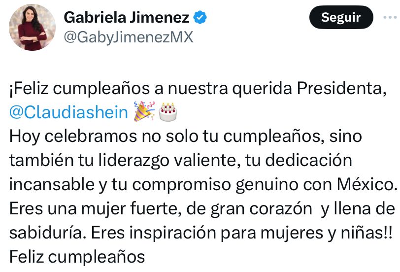 Gaby Jiménez felicita a Sheinbaum