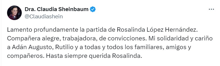 Sheinbaum despide a Rosalinda López Hernández