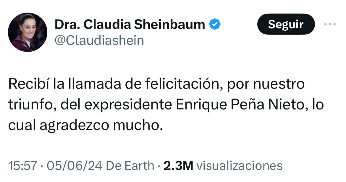 Sheinbaum revela felicitación de Peña Nieto