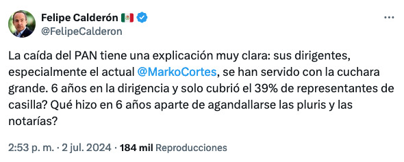 Felipe Calderón acusa a Marko Cortés de la caída del PAN