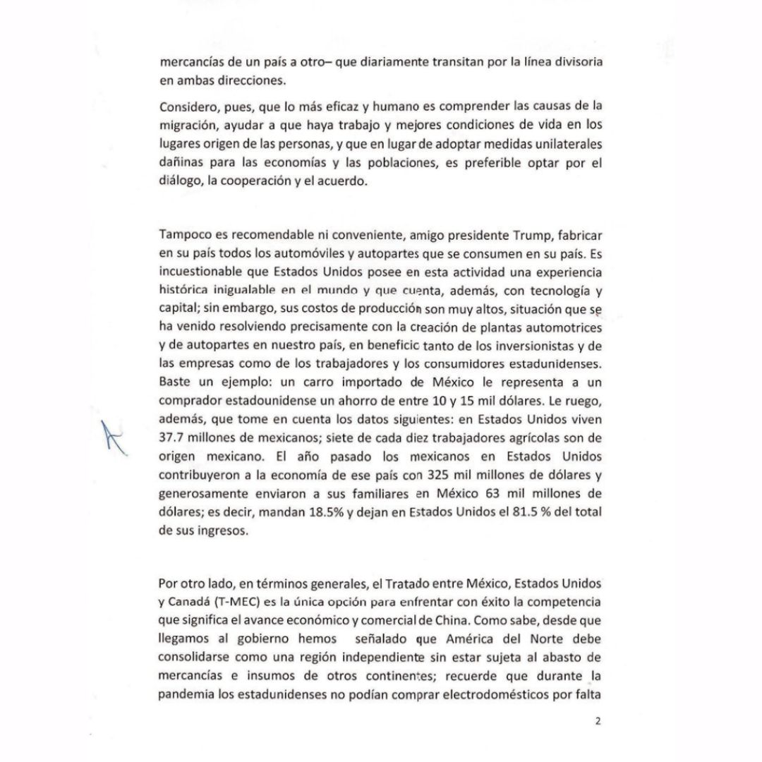 Carta que AMLO le envió a Trump