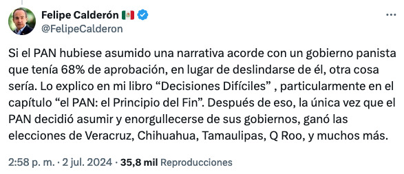 Felipe Calderón acusa a Marko Cortés de la caída del PAN
