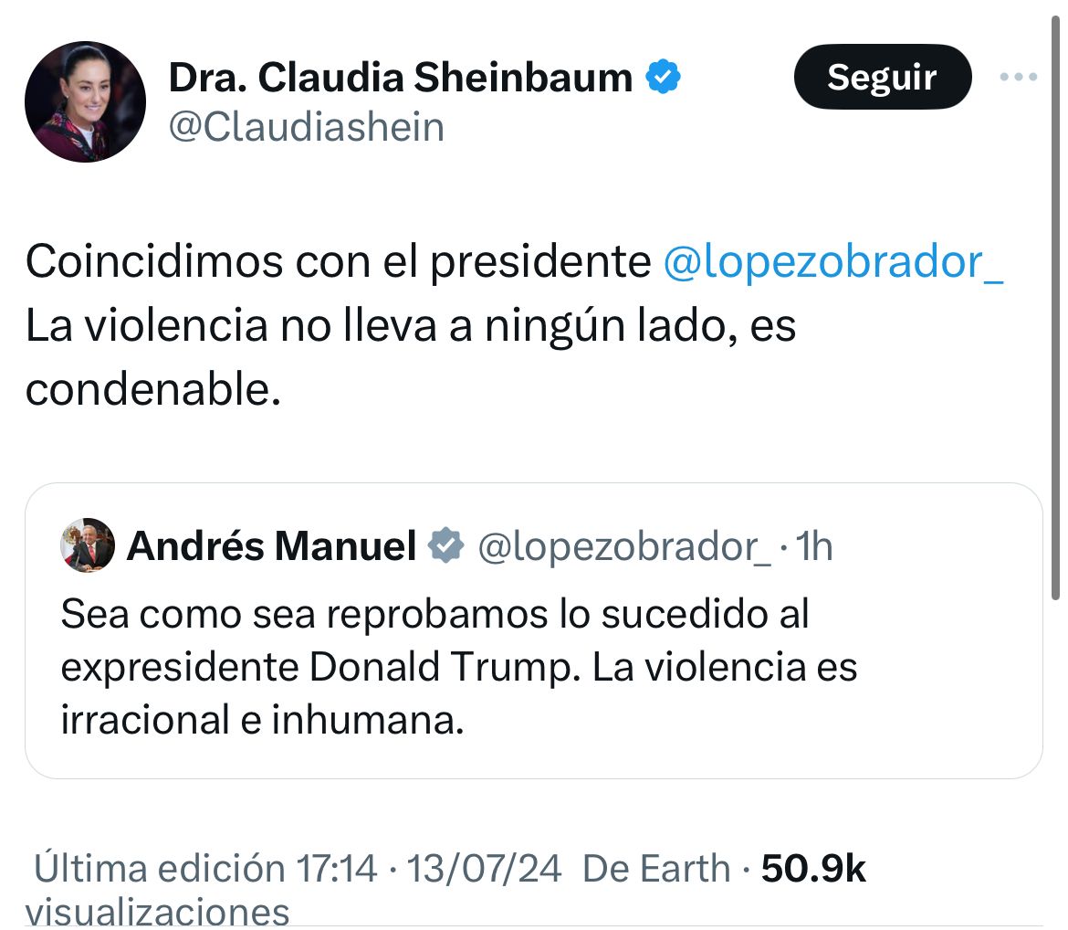 Sheinbaum reacciona a atentado contra Trump