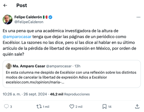 Felipe Calderón reacciona a despido de María Amparo