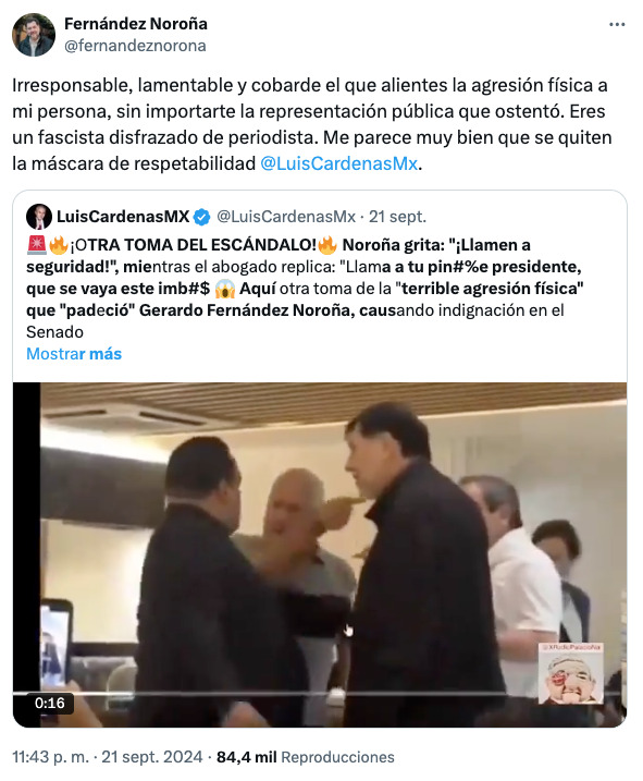 Noroña arremete contra Luis Cárdenas por minimizar agresión