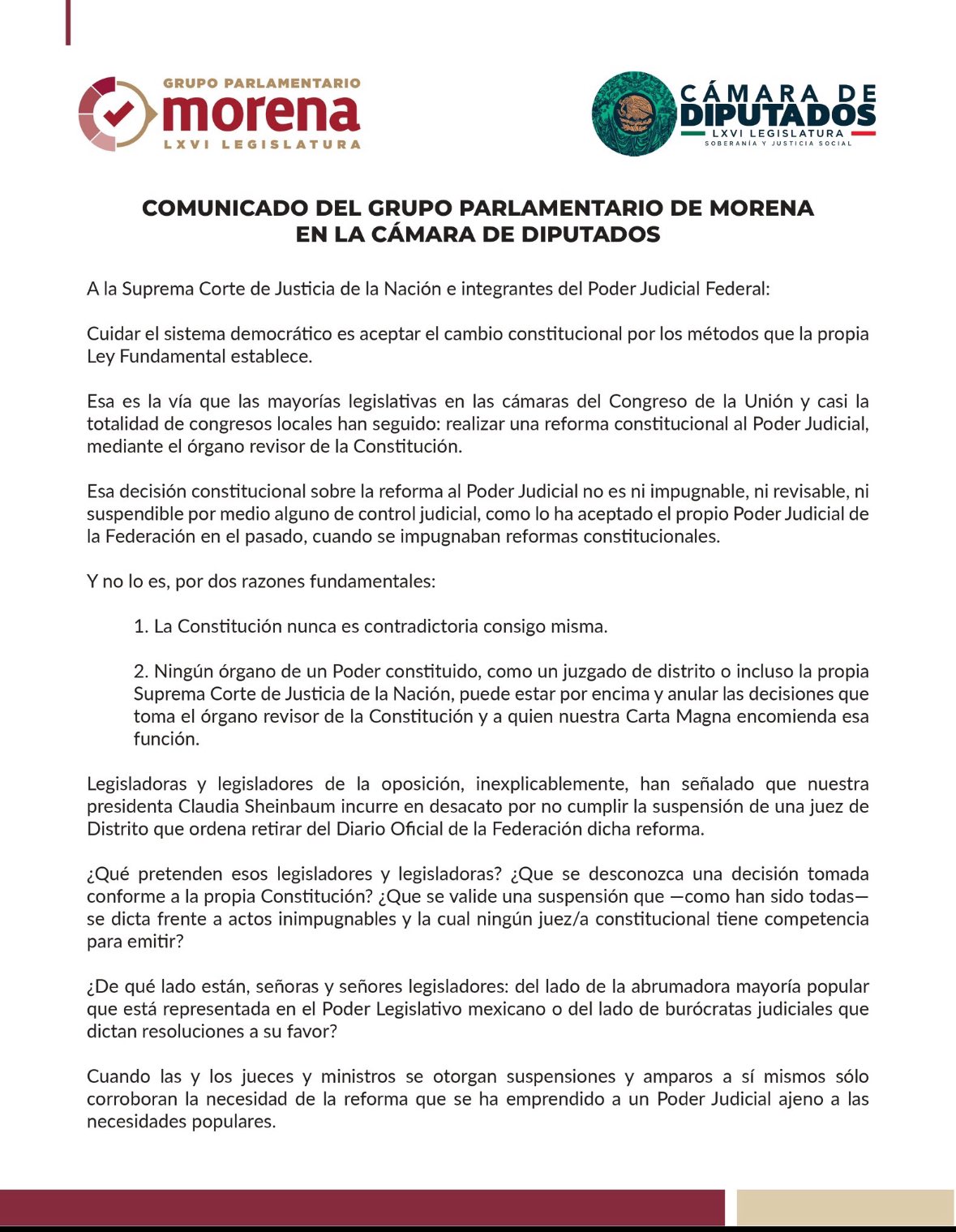 Comunicado de los diputados de Morena sobre la reforma judicial