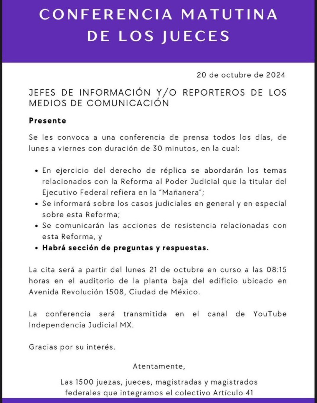 Comunicado de mañaneras judiciales