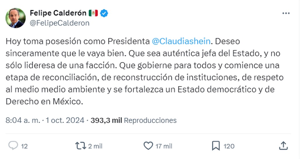 Felipe Calderón manda polémico mensaje a Sheinbaum