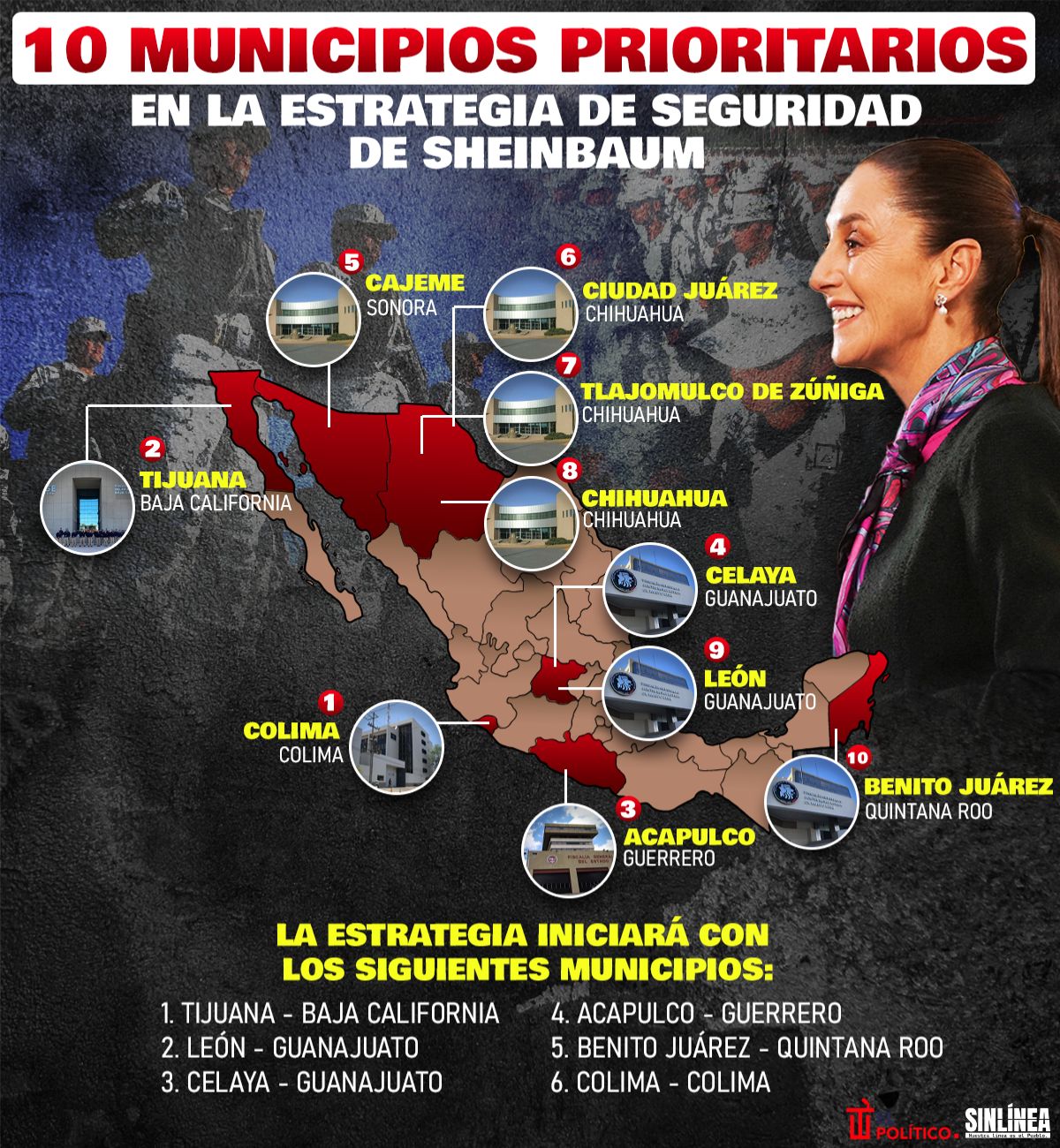 Infografía los 10 municipios prioritarios para la estrategia de seguridad de Sheinbaum 