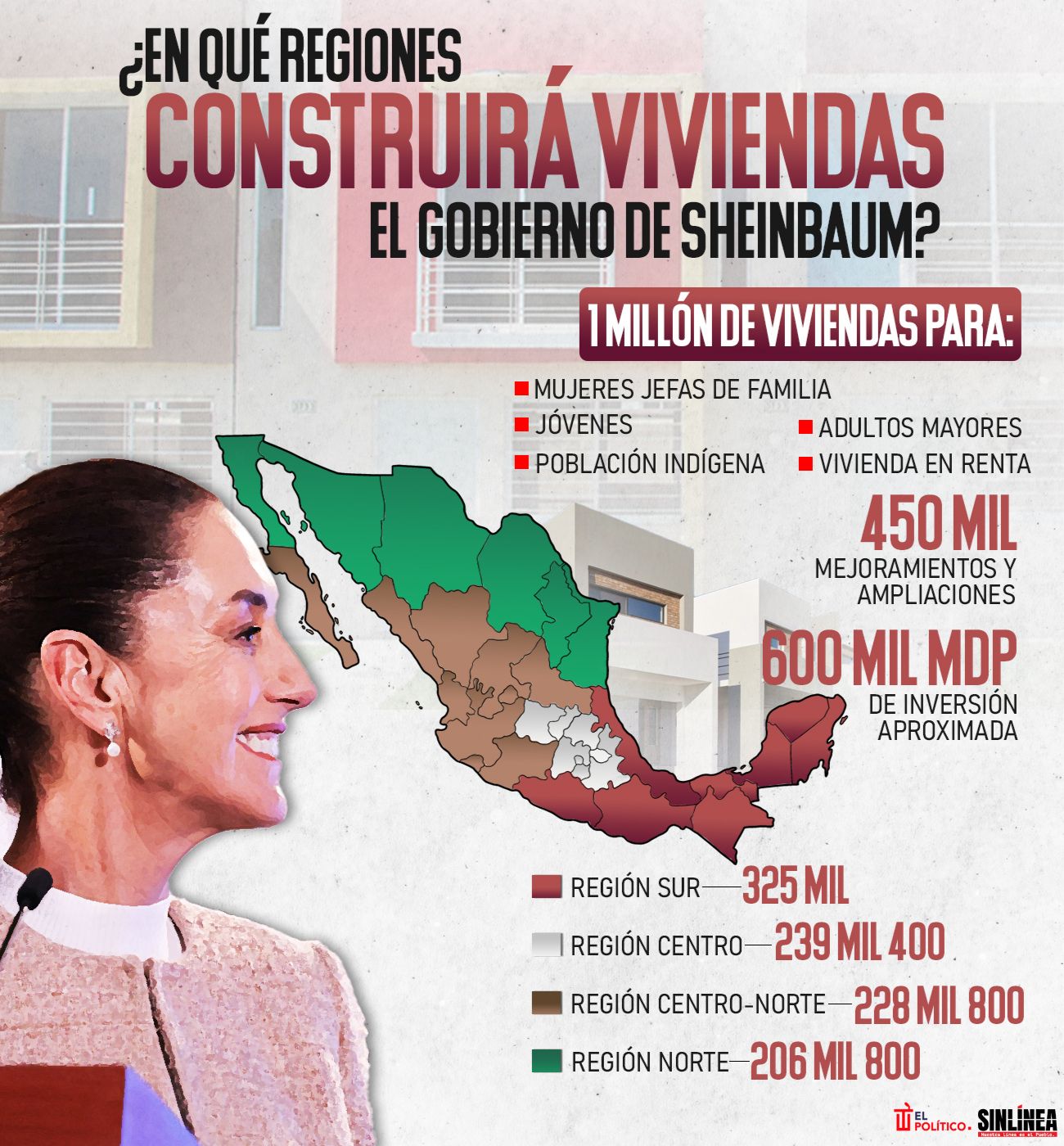 Infografía las regiones donde construirá viviendas Sheinbaum 