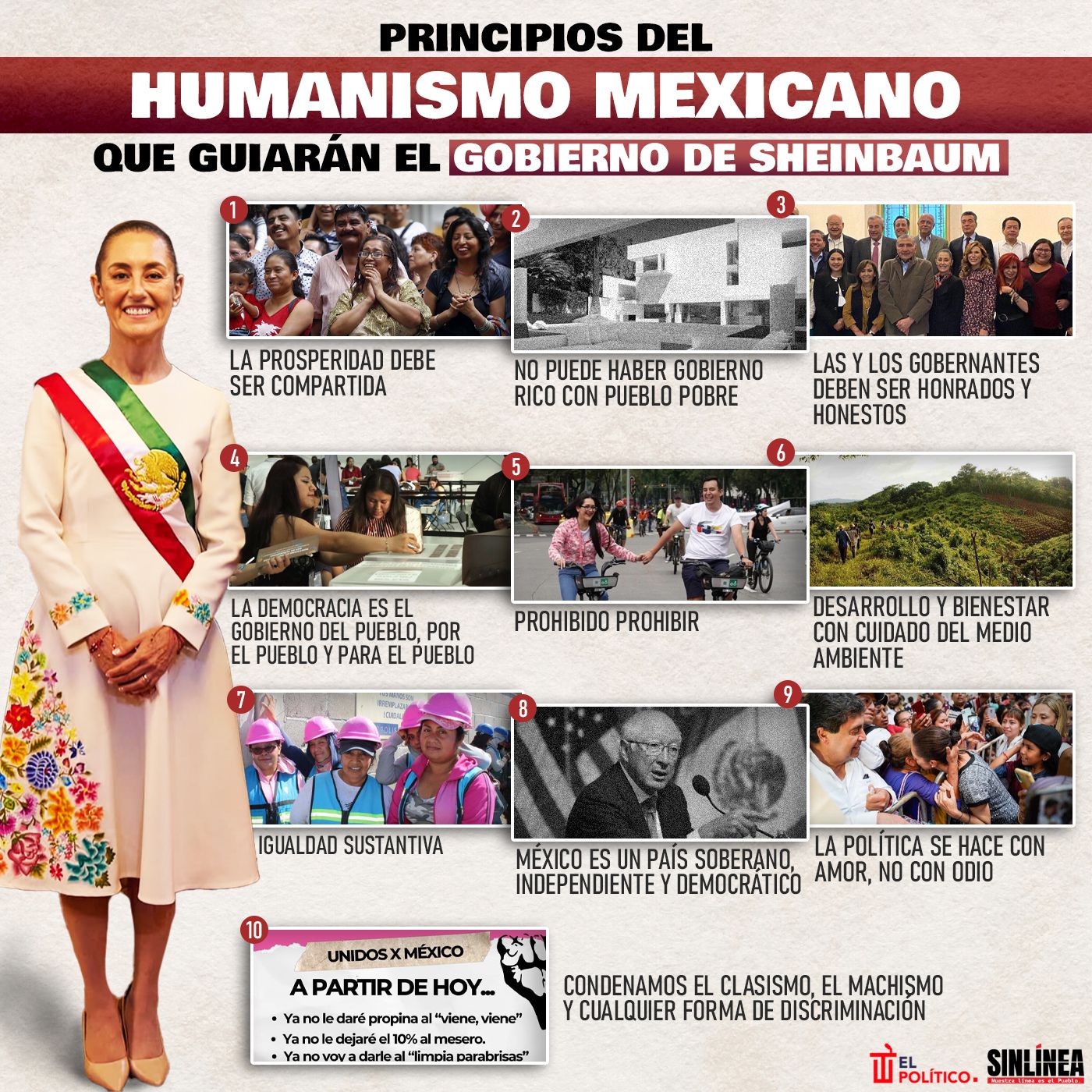 Infografía los 10 principios del humanismo mexicano en el gobierno de Sheinbaum