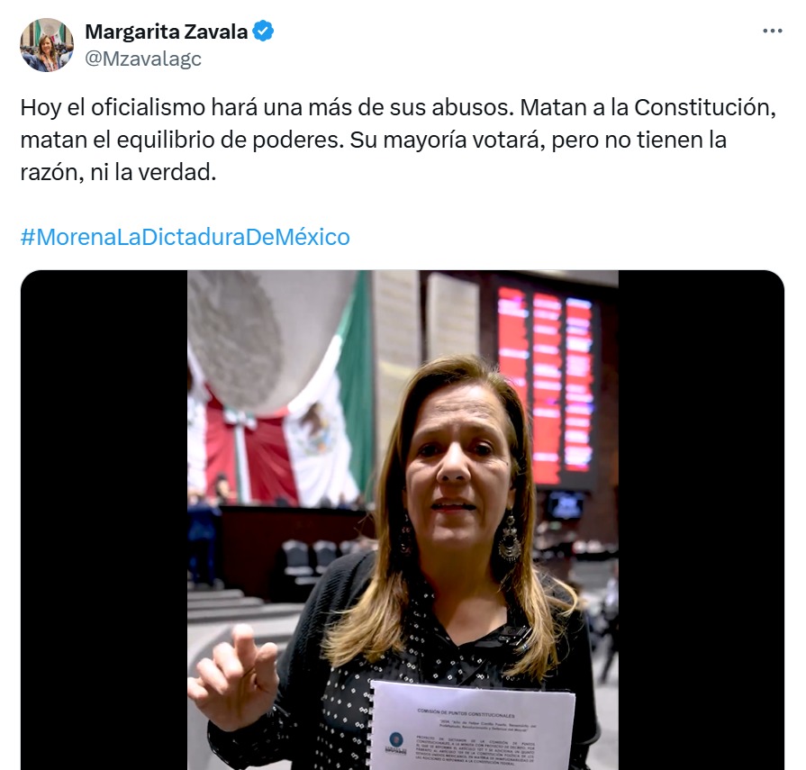 Margarita Zavala asegura Morena es dictadura