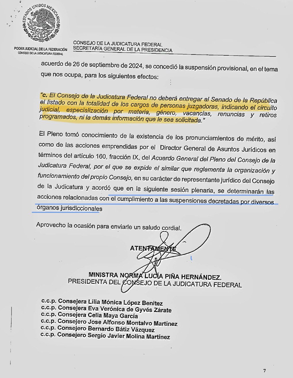 Norma Piña envía carta al Senado