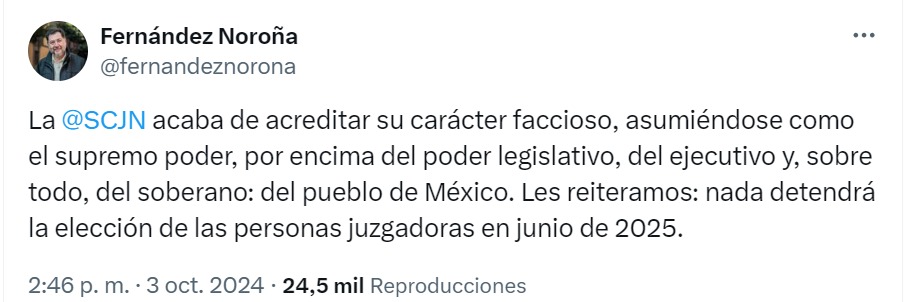 Publicación de Noroña en X