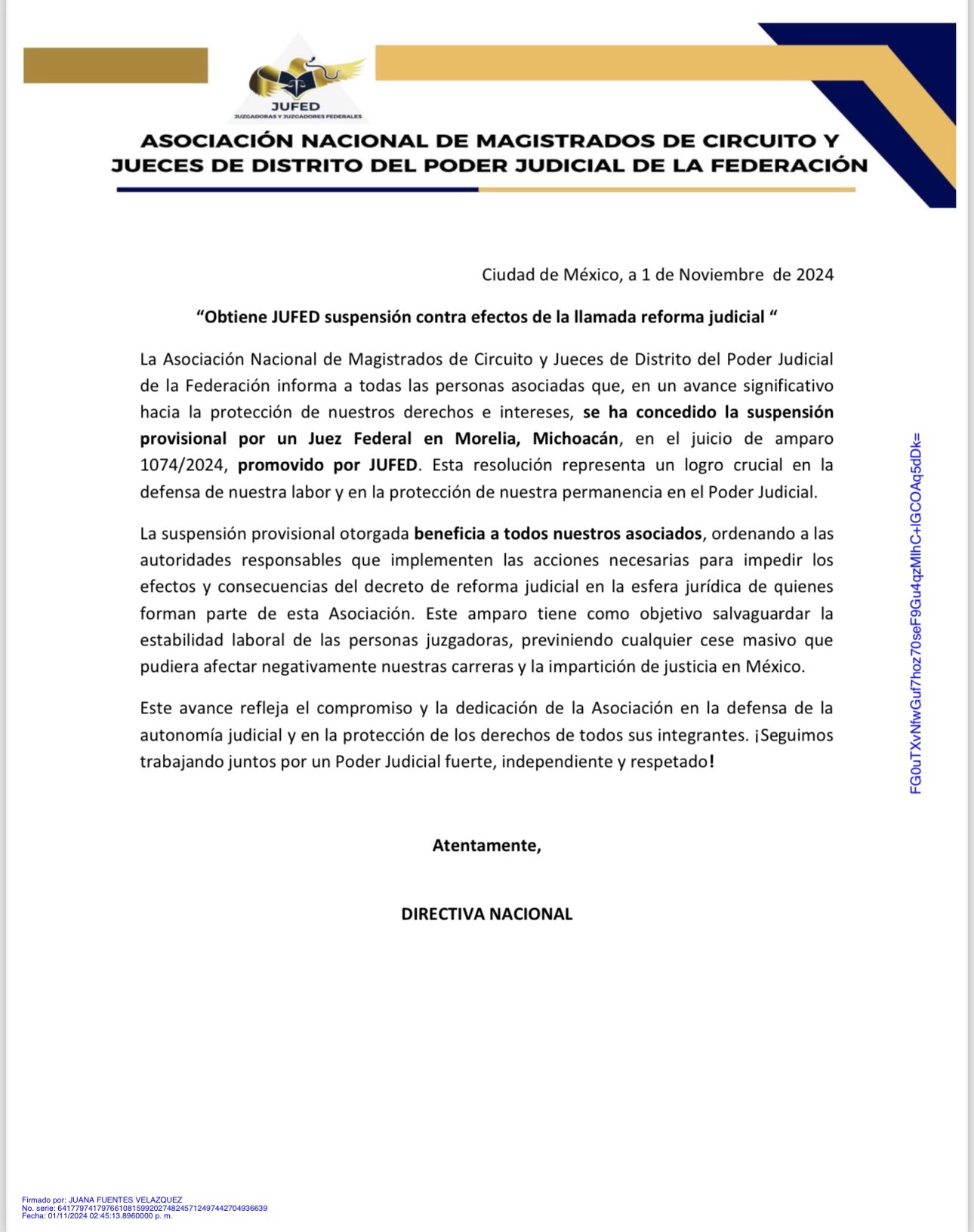 Jufed anuncia nueva suspensión a reforma judicial