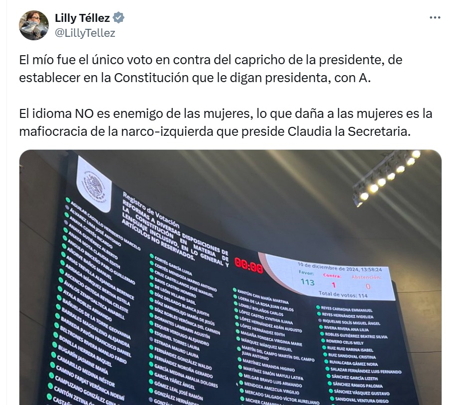 Lilly Téllez presume voto en contra