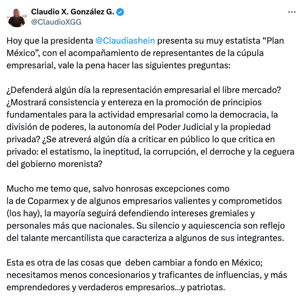 Claudio X. González critica Plan México