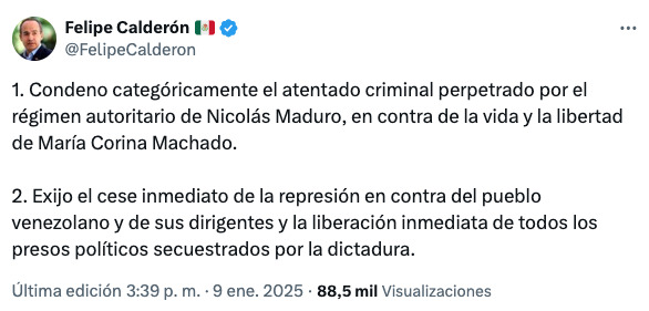 Fox y Calderón condenan "atentado" contra María Corina