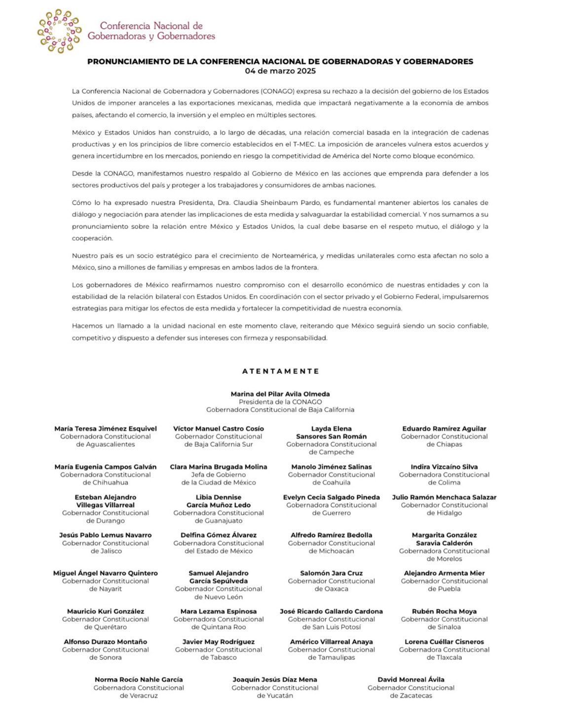 Conago comunicado sobre los aranceles