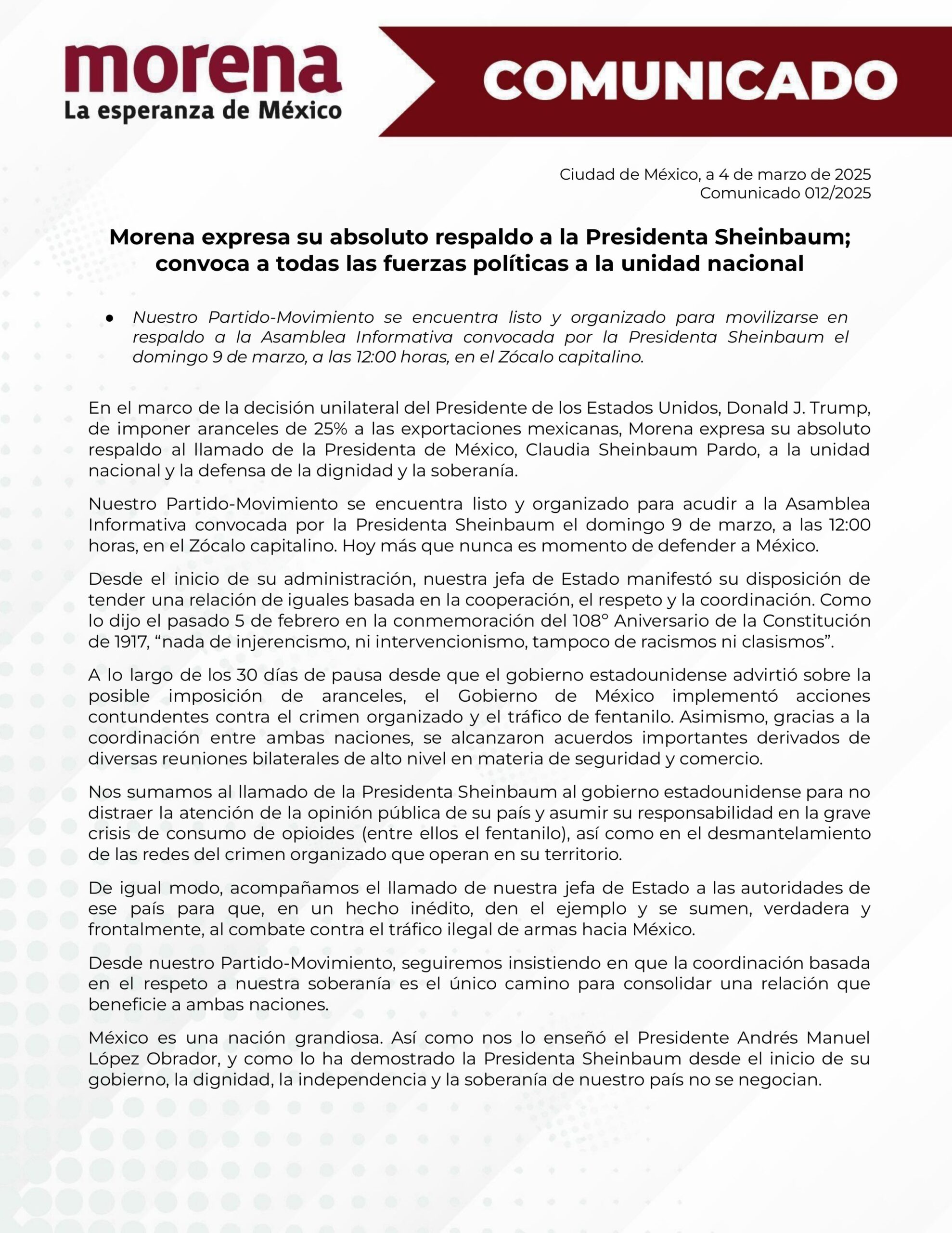 Morena comunicado sobre los aranceles