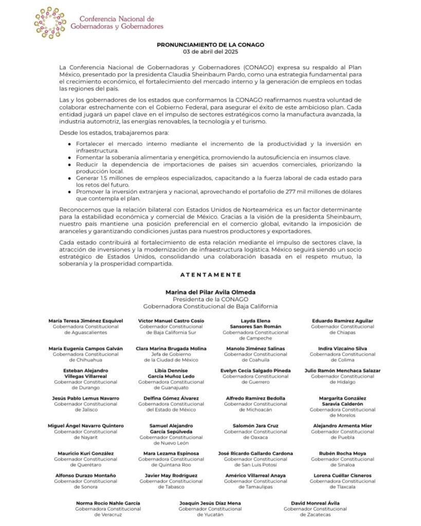 Conago respalda a Sheinbaum y al Plan México