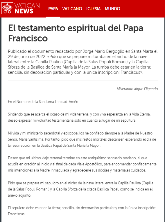 ¿Cuál es el testamento y última voluntad del papa Francisco?