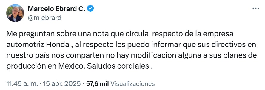 Marcelo Ebrard desmiente noticias de Honda