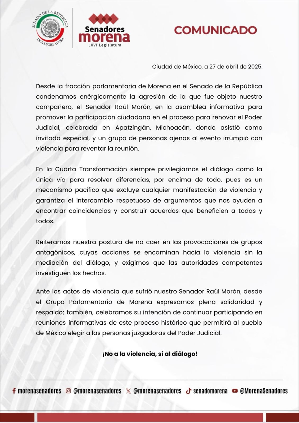 Senadores de Morena condenan agresión contra Raúl Morón