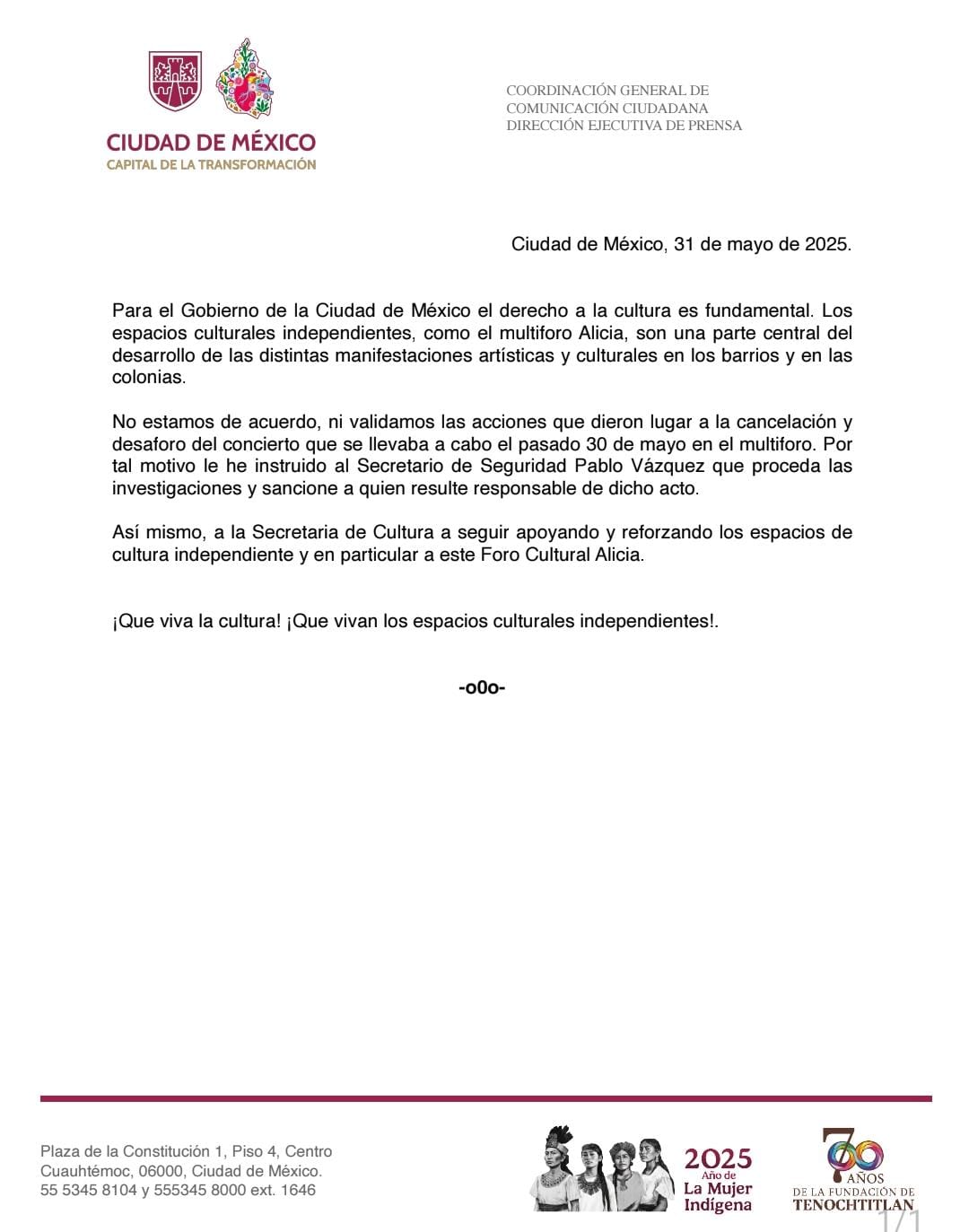 Clara Brugada informa investigaciones por desalojo de multiforo Alicia por militares