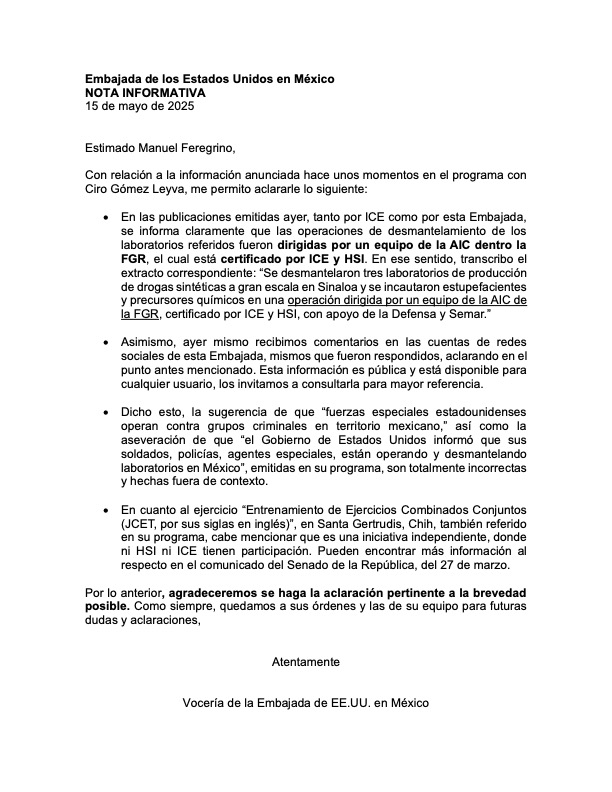 Comunicado de la Embajada de EU
