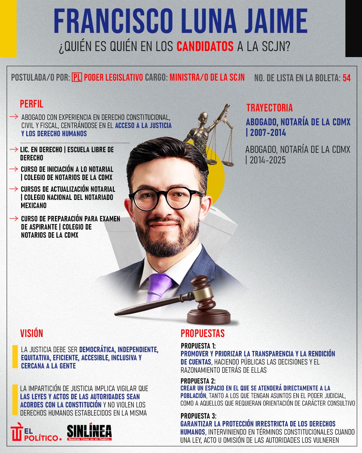 Infografía él es Francisco Luna, candidato a ministro de la SCJN 