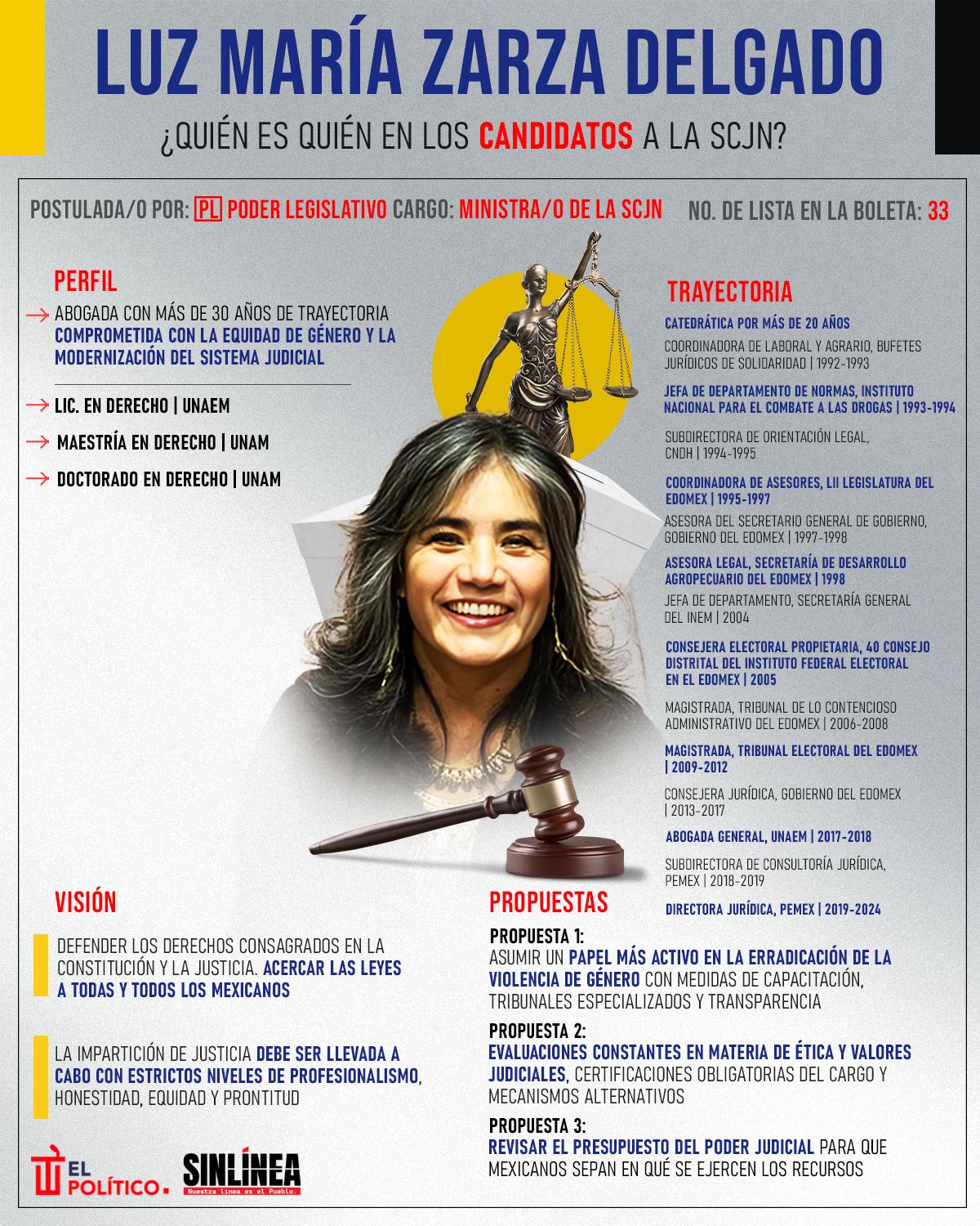 Infografía ella es Luz María Zarza, candidata a ministra de la SCJN